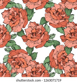 Vector Red rose. Floral botanical flower. Engraved ink art. Seamless background pattern. Fabric wallpaper print texture on white background.