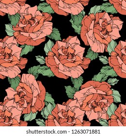 Vector Red rose. Floral botanical flower. Engraved ink art. Seamless background pattern. Fabric wallpaper print texture on black background.