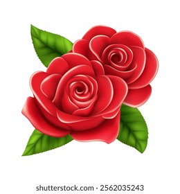 Vector red rose flower with green leaves on white background design element for decor.
