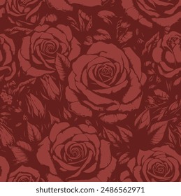 Vector Red Rose flower seamless pattern. Bordo background, Allover print, aop, floral pattern.