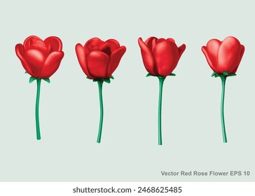 Vector Rosa roja Flower.Ilustración vectorial.,Ramo plástico 3d de flores de rosas rojas simbolismo amor romántico icono.