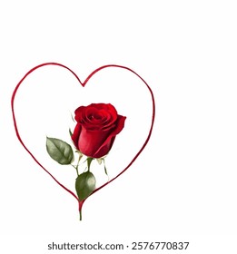 vector of red rose inside a frame of red heart shape on white background for valentine's day card