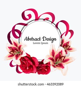 vector red rose and white lily illustration. invitation card.