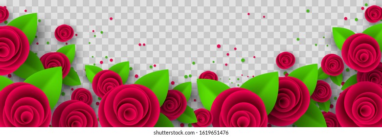 Vector red roses border with leaves, isolated on transparent background. Paper cut style. Decorative floral frame for Valentines, Womens, Mothers Days, spring or summer seasonal holidays.