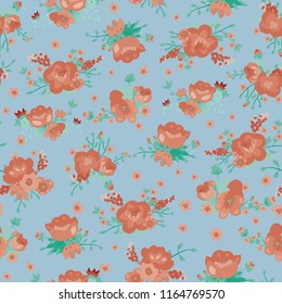 Vector Red Roses Bouquets on blue seamless pattern background. Perfect for fabric, scrapbooking and wallpaper projects.