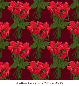 Vector red roses bouquets seamless pattern. Bunches of roses withon dark red background. Suitable for wrapping paper, background, wallpaper, textile, banner, scrapbooking