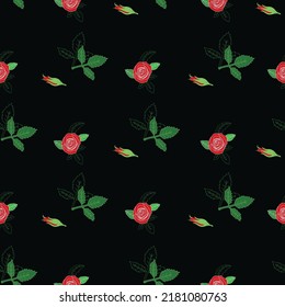Rosas rojas vectoriales y brotes con hojas verdes, rayas, fondo oscuro sin costura. Excelente para telas, scrapbooking, proyectos de fondo, fondos, invitaciones, proyectos de diseño. 