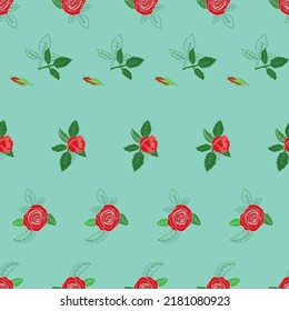 Vector red roses and buds with green leafs, stripes, green seamless background. Excellent for fabric, scrapbooking, wallpaper projects, backgrounds, invitations, design projects.