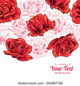 Vector red roses flowers horizontal frame seamless pattern background . Invitation or greeting card design.Vector illustration