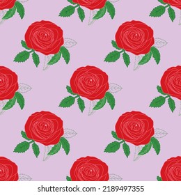 Vector red roses green leafs, stripes seamless background. Excellent for fabric, scrapbooking, wallpaper projects, backgrounds, invitations, design projects.