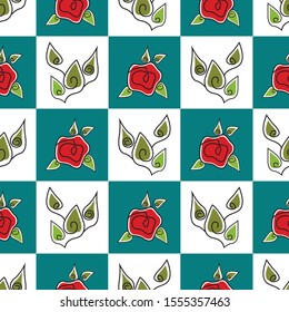 Vector Red Roses with Green Leaves on Green and White Squares Seamless Repeat Pattern. Background for textiles, cards, manufacturing, wallpapers, print, gift wrap and scrapbooking.