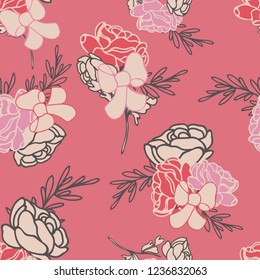 Vector Red Roses and Ribbons Seamless Pattern. Perfect for fabrics, scrapbooking, wallpaper projects.