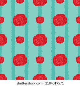 Vector red roses, stripes seamless background. Excellent for fabric, scrapbooking, wallpaper projects, backgrounds, invitations, design projects. Surface pattern design.