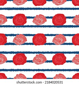 Rosas rojas vectoriales, rayas de fondo sin costura. Excelente para telas, scrapbooking, proyectos de fondo, fondos, invitaciones, proyectos de diseño. Diseño de patrones de superficie.