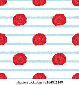 Vector red roses,blue stripes, seamless background. Excellent for fabric, scrapbooking, wallpaper projects, backgrounds, invitations, design projects. Surface pattern design.