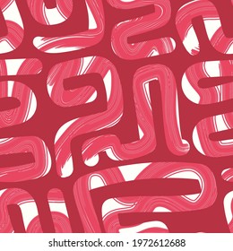 vector red rough ethnic brush stroke lines overlapped on white seamless pattern on dark red