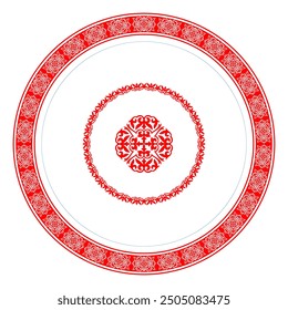 Vector red round Kazakh national ornament. Ethnic pattern of the peoples of the Great Steppe, Kazakh, Mongols, Kyrgyz, Kalmyks. Pattern frame template, border, decorative ornament for sandblaster