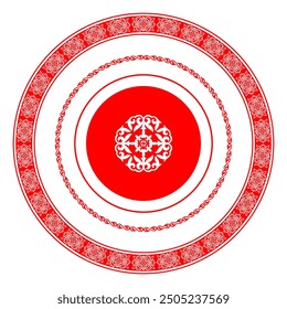 Vector red round Kazakh national carpet ornament. Ethnic pattern of the peoples of the Great Steppe, Kazakh, Mongol, Kyrgyz, Kalmyk.  Ancient Turkic ornament. Art, customs and traditions of Kazakhstan