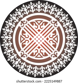 Vector red round kazakh ornament shanyrak. circle on the roof of the yurt. Patterns of the peoples of the great steppe. Asian border in a circle. Mongolia, Kalmykia, Bashkiria, Buryatia, Kyrgyzstan.