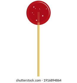 Postre dulce vectorial rojo redondo lollipop. Caramelo de fruta azucarado sobre palo aislado sobre fondo blanco. Deliciosa repostería y comida de azúcar