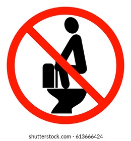 vector red round prohibition sign which painted a silhouette of a man defecate sitting down on the toilet