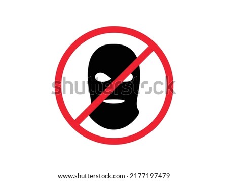 Vector red round Stop sign. Terrorism risk level. Crime black logo. Red icon, do not enter in bandit mask. Killer bandit stamp shape. Isolated on white background warning illegal man. Balaclava ban