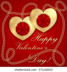 Vector red saint valentine greeting card with golden hearts and rubies