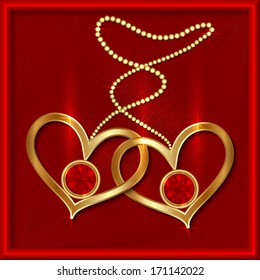 Vector red saint valentine greeting card with golden hearts and rubies