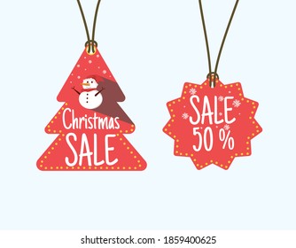 Vector red sale tag decorated with a red christmas tree and christmas sale letters adorned with a cute snowman hanging Vector illustration