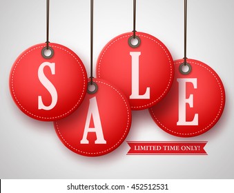 Vector Red Sale Tag With Realistic And Attractive Color Hanging With String In White Background For Store Promotion. Vector Illustration.
