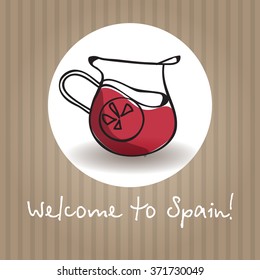 Vector red sangria postcard.Cover,advertising template for restaurant identity,cafe menu.Seasonal traditional drink.Spanish culture for tourists and traveling.Banner,sticker,national symbol,souvenir
