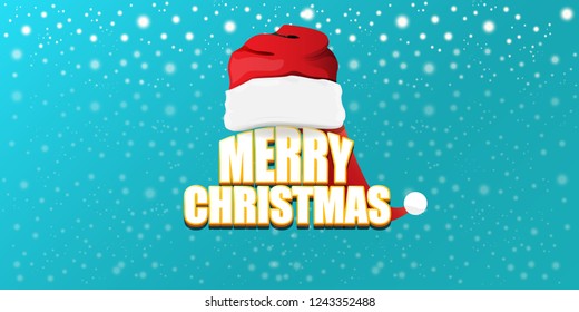 vector red Santa Claus hat label with greeting merry christmas text on azure horizontal background. vector merry christmas card, flyer, horizontal banner design template or poster with space for text