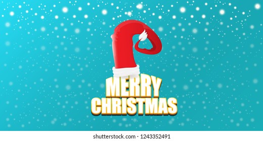 vector red Santa Claus hat label with greeting merry christmas text on azure horizontal background. vector merry christmas card, flyer, horizontal banner design template or poster with space for text