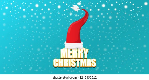 vector red Santa Claus hat label with greeting merry christmas text on azure horizontal background. vector merry christmas card, flyer, horizontal banner design template or poster with space for text
