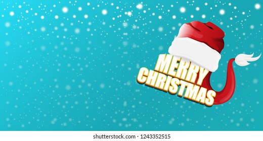 vector red Santa Claus hat label with greeting merry christmas text on azure horizontal background. vector merry christmas card, flyer, horizontal banner design template or poster with space for text