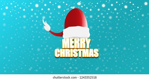 vector red Santa Claus hat label with greeting merry christmas text on azure horizontal background. vector merry christmas card, flyer, horizontal banner design template or poster with space for text