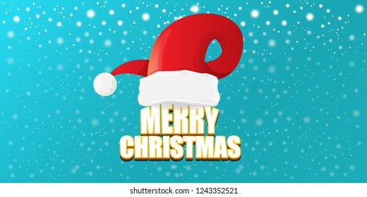 vector red Santa Claus hat label with greeting merry christmas text on azure horizontal background. vector merry christmas card, flyer, horizontal banner design template or poster with space for text