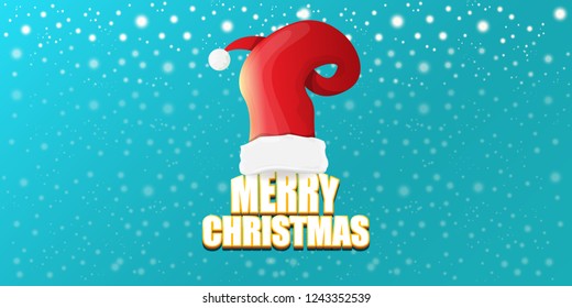 vector red Santa Claus hat label with greeting merry christmas text on azure horizontal background. vector merry christmas card, flyer, horizontal banner design template or poster with space for text