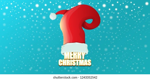 vector red Santa Claus hat label with greeting merry christmas text on azure horizontal background. vector merry christmas card, flyer, horizontal banner design template or poster with space for text