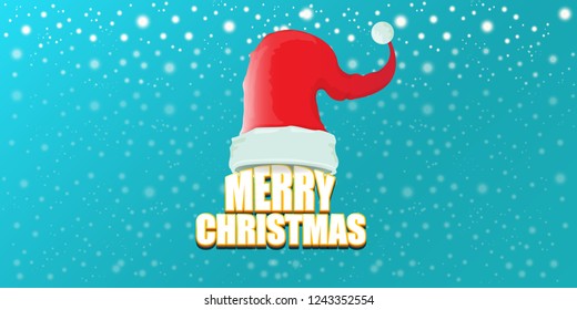 vector red Santa Claus hat label with greeting merry christmas text on azure horizontal background. vector merry christmas card, flyer, horizontal banner design template or poster with space for text