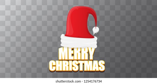 vector red Santa Claus hat label with greeting merry christmas text on azure transparent background. vector merry christmas card, flyer, horizontal banner design template or poster with space for text