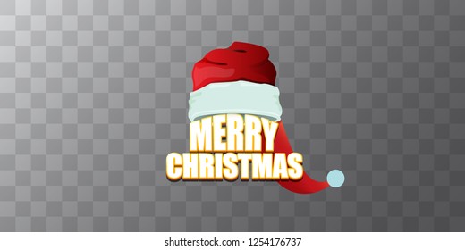 vector red Santa Claus hat label with greeting merry christmas text on azure transparent background. vector merry christmas card, flyer, horizontal banner design template or poster with space for text