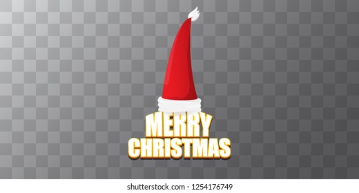vector red Santa Claus hat label with greeting merry christmas text on azure transparent background. vector merry christmas card, flyer, horizontal banner design template or poster with space for text