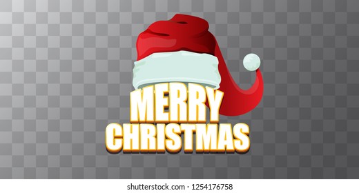 vector red Santa Claus hat label with greeting merry christmas text on azure transparent background. vector merry christmas card, flyer, horizontal banner design template or poster with space for text