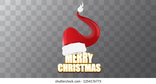 vector red Santa Claus hat label with greeting merry christmas text on azure transparent background. vector merry christmas card, flyer, horizontal banner design template or poster with space for text