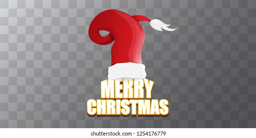 vector red Santa Claus hat label with greeting merry christmas text on azure transparent background. vector merry christmas card, flyer, horizontal banner design template or poster with space for text