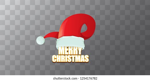 vector red Santa Claus hat label with greeting merry christmas text on azure transparent background. vector merry christmas card, flyer, horizontal banner design template or poster with space for text