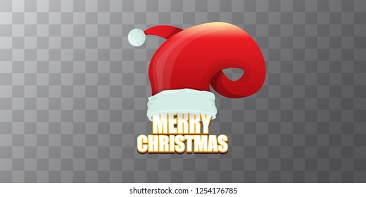 vector red Santa Claus hat label with greeting merry christmas text on azure transparent background. vector merry christmas card, flyer, horizontal banner design template or poster with space for text