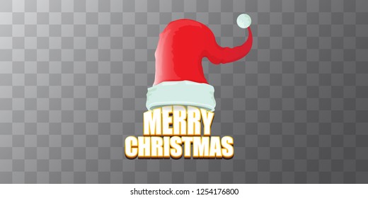 vector red Santa Claus hat label with greeting merry christmas text on azure transparent background. vector merry christmas card, flyer, horizontal banner design template or poster with space for text