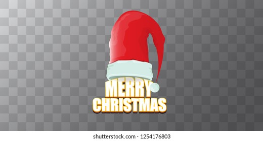 vector red Santa Claus hat label with greeting merry christmas text on azure transparent background. vector merry christmas card, flyer, horizontal banner design template or poster with space for text